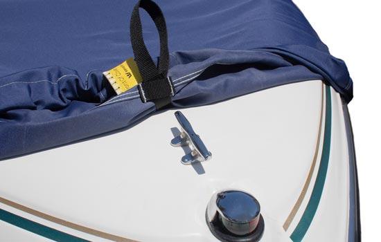 Optional RIDGELINE support system shown attaching to front of boat using cleat.