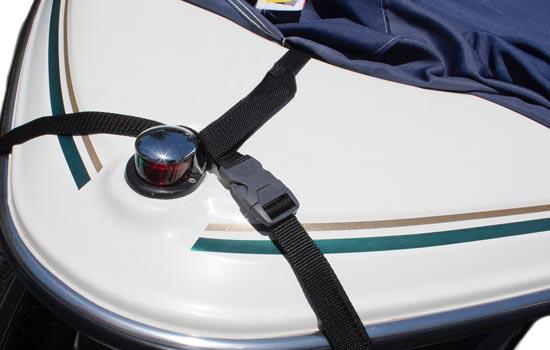 Optional RIDGELINE support system shown attaching to front of boat using supplied strap