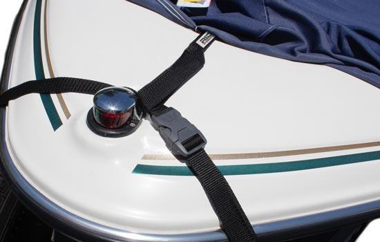 Optional RIDGELINE support system shown attaching to front of boat using supplied strap.
